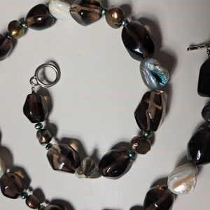 Natural Stones Smoky Quartz With Black,Coin And Baroque Pearls Necklace 20"